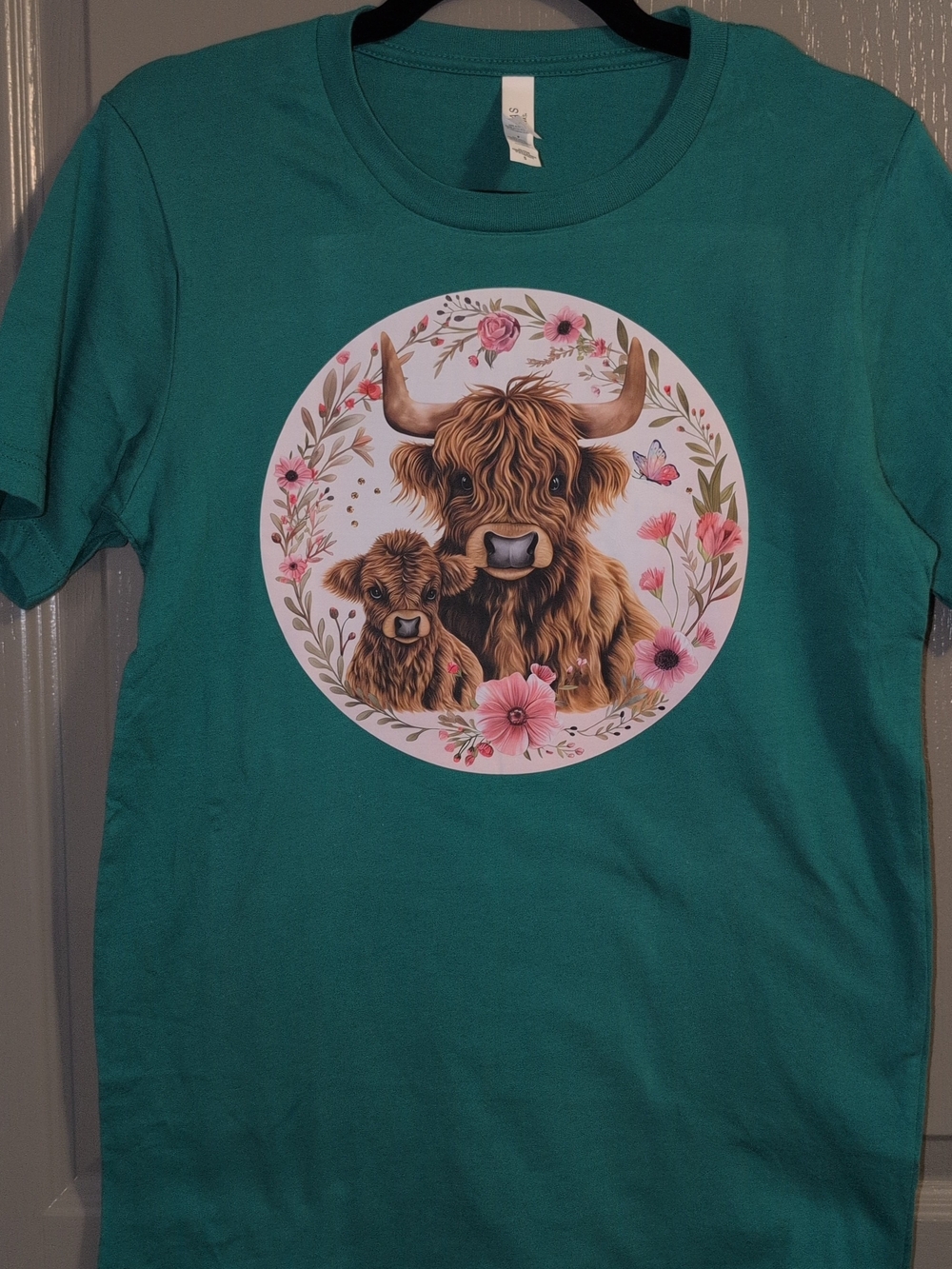 Teal Short Sleeve Tee with Highland Cow & Calf Floral Graphic